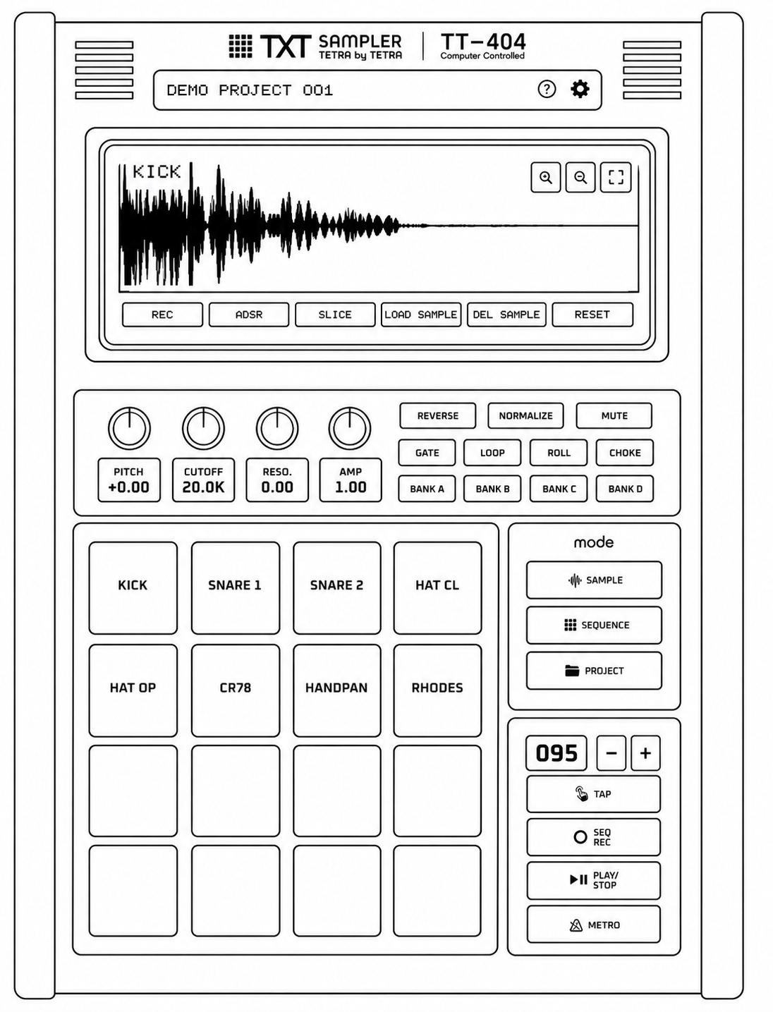 TXT sampler の現行iPad画面構成を示す線画